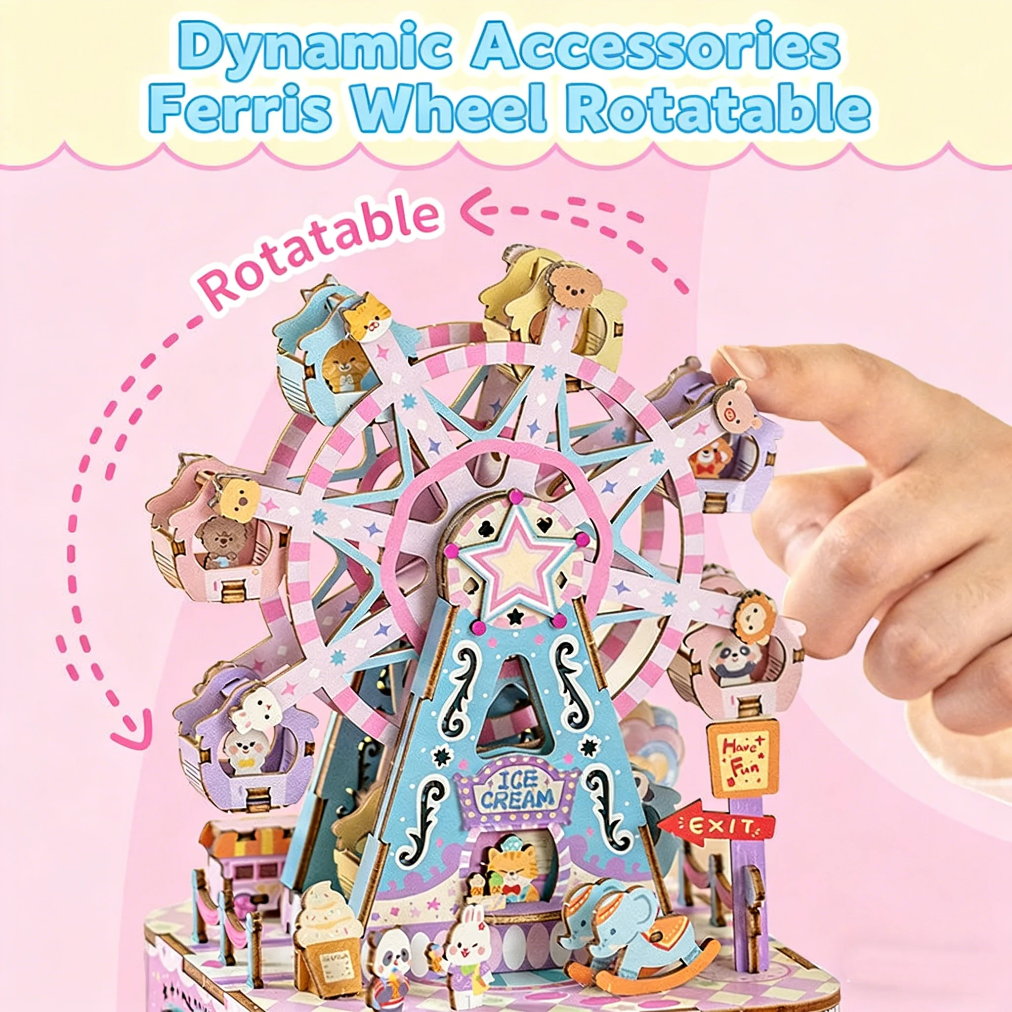 DIY Animal Ferris Wheel Music Box Building Kit, 3D Puzzle, Rotating Lights & Music, Creative Birthday For Girls, Home Desk Decor