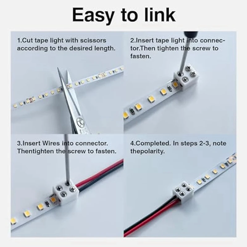 12PCS Led Strip Light Connectors Solderless 2Pin 8Mm LED Connectors Strip To Wire For 5-24V Single Color LED Light Tape