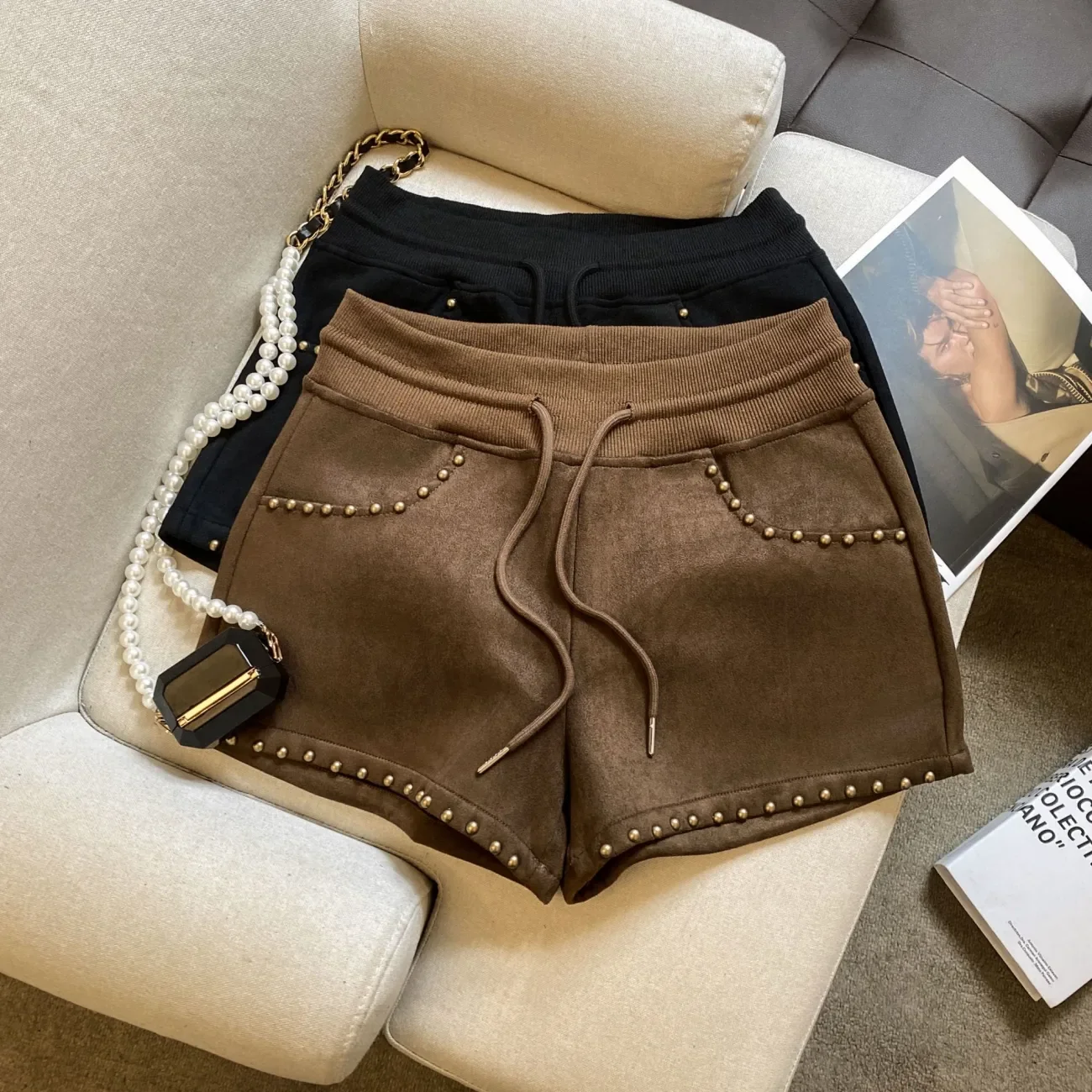 

Осень-зима, сексуальные винтажные однотонные шорты с эластичной резинкой на талии, женская одежда, повседневные корейские расклешенные брюки со шнуровкой и вышивкой, узкие брюки