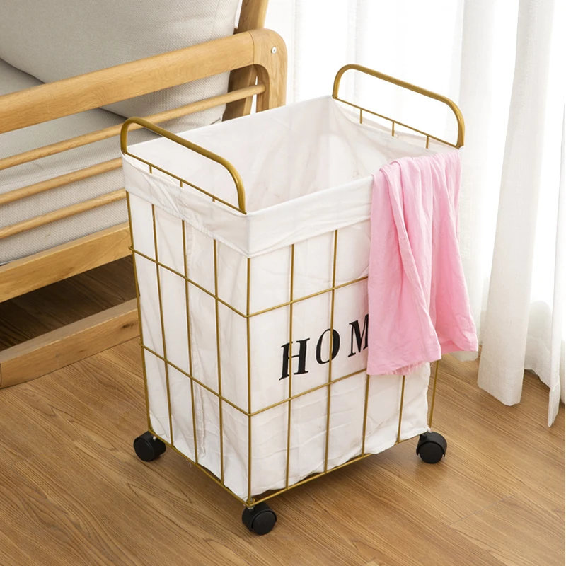 

Dirty Clothes Basket with Wheels Light Luxury Wrought Iron Laundry Storage Organizer for Bedroom Household Hamper