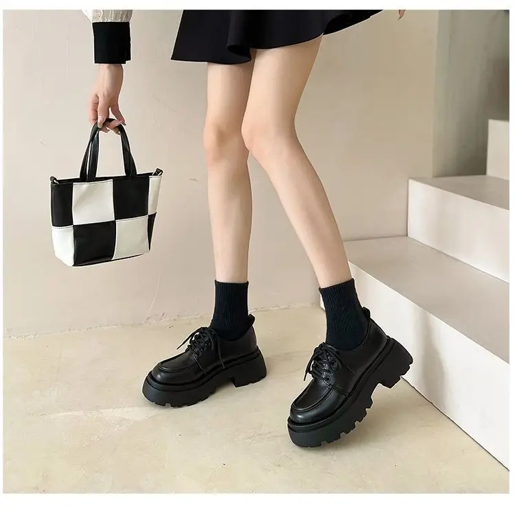 SHANPA Thick Bottom Little Leather Shoes British Style Versatile Black Minimalist Soft Foot Feel Kawaii Loafers Platform Shoes