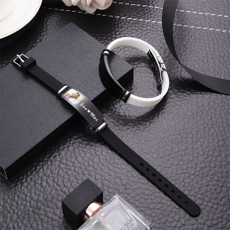 Personalized Custom Photo Name Stainless Steel Men's Bracelet Fashion Black Silicone Watch Band Bracelets Father's Day Christmas