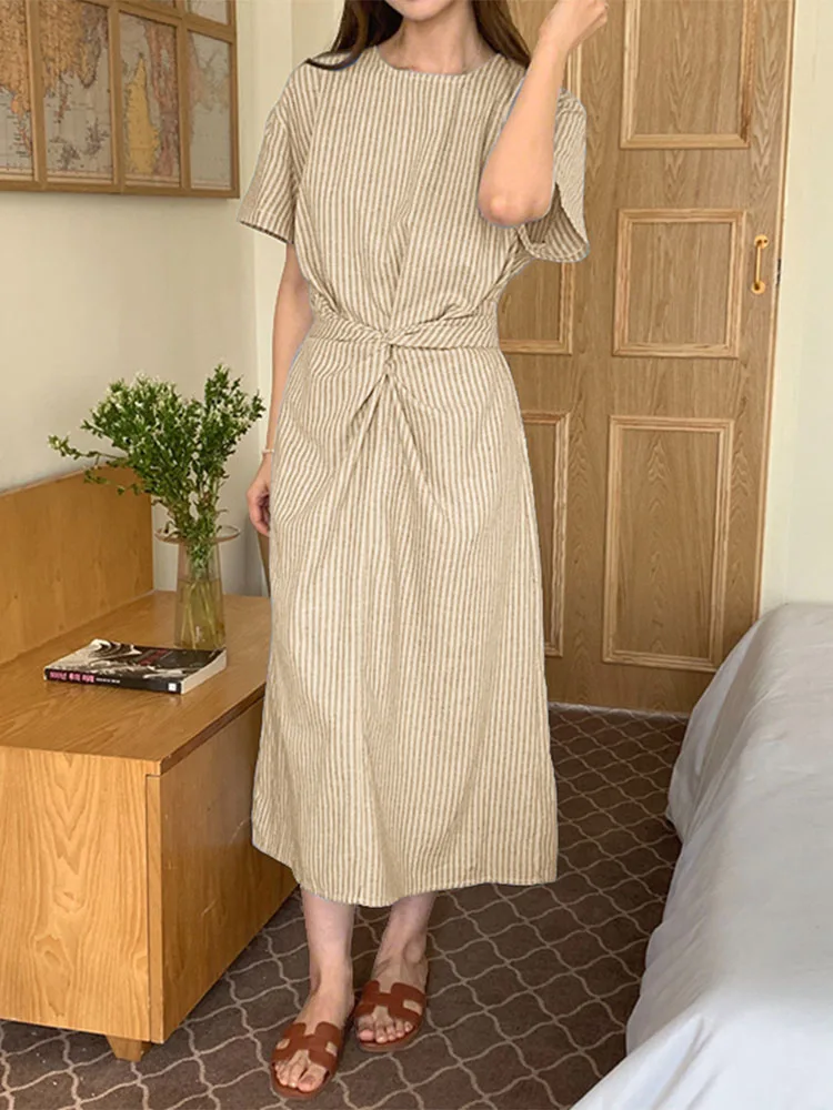 VONDA Abiti estivi a righe Donna Manica corta Stampa bohemien Camicia lunga Abiti 2025 Moda pieghettata Coreano Midi Vestito estivo Robe