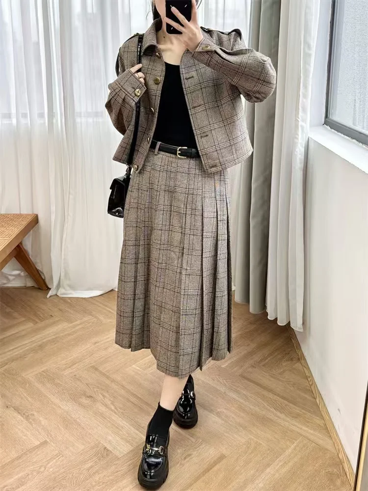 2025 Early Spring New Fashion Plaid set Temperament Shoulder Buckle Jacket Short Coat Women or All-match Mid Skirt Ladies