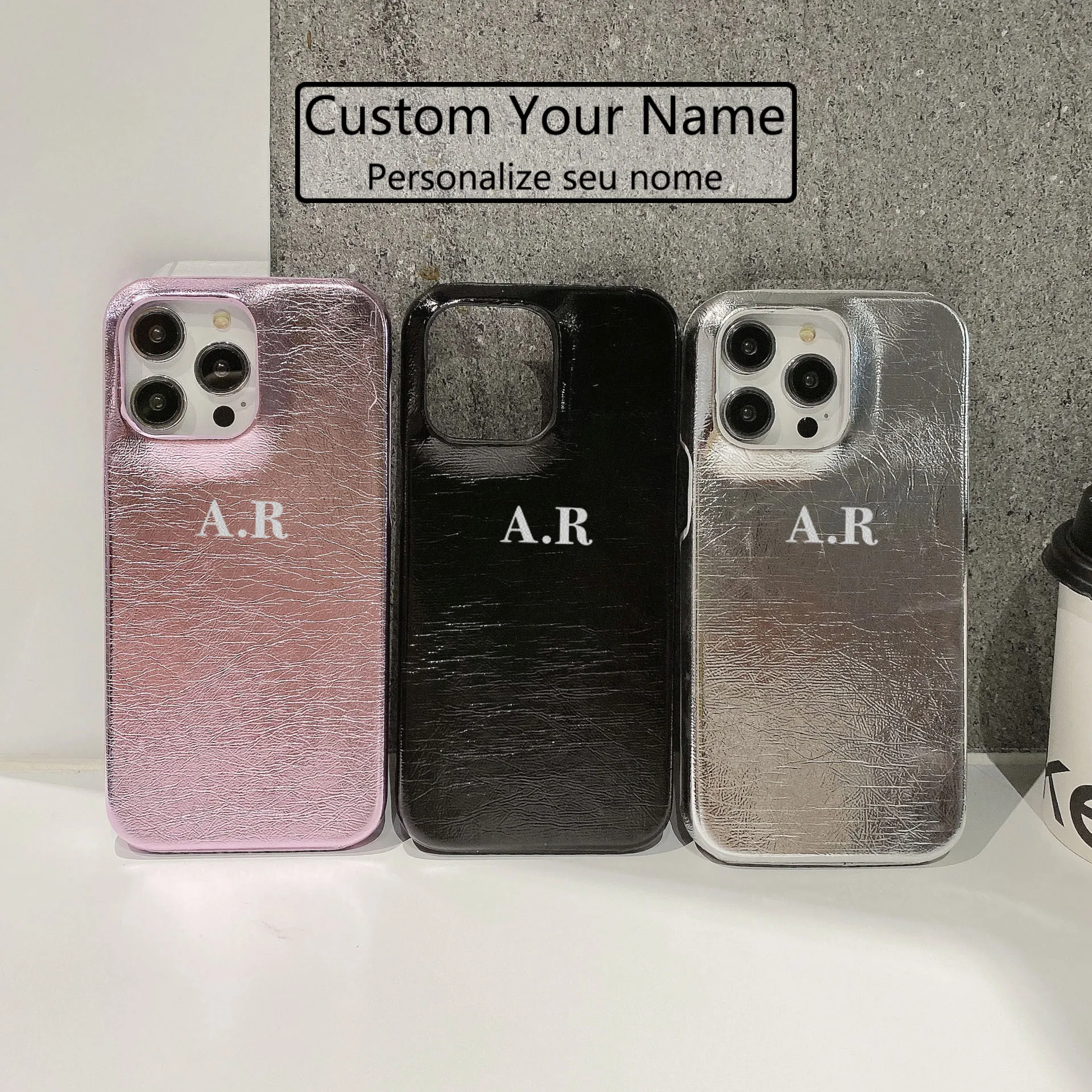 

Customized Silver Name Letter Glitter PU Leather Cases For Iphone 13 12 15 14 16Pro Max plus Cases Luxury Hard Metallic PU Cover