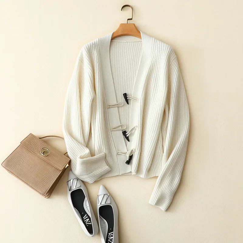

autumn winter new fashion loose thick outerwear women v neck loose 100% cashmere cardigan coat