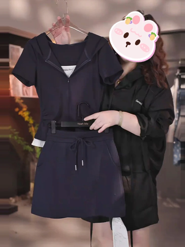 

Модный летний комплект: футболка с коротким рукавом и юбка, повседневный облегающий костюм-двойка для женщин, с молнией, C...