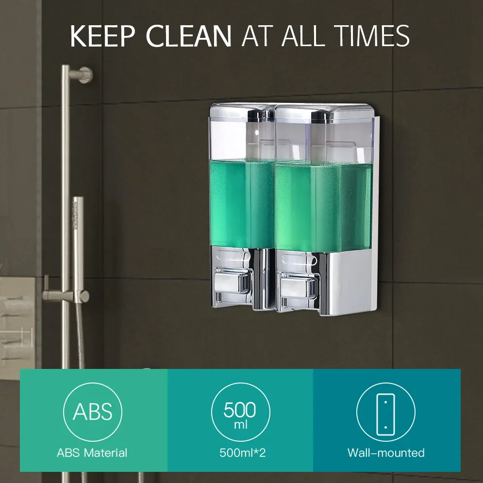 

SVAVO двухрядный настенный дозатор для шампуня и мыла с хромированной отделкой, квадратная бутылка для жидкого мыла, аксессуары для ванной комнаты 500 мл * 2