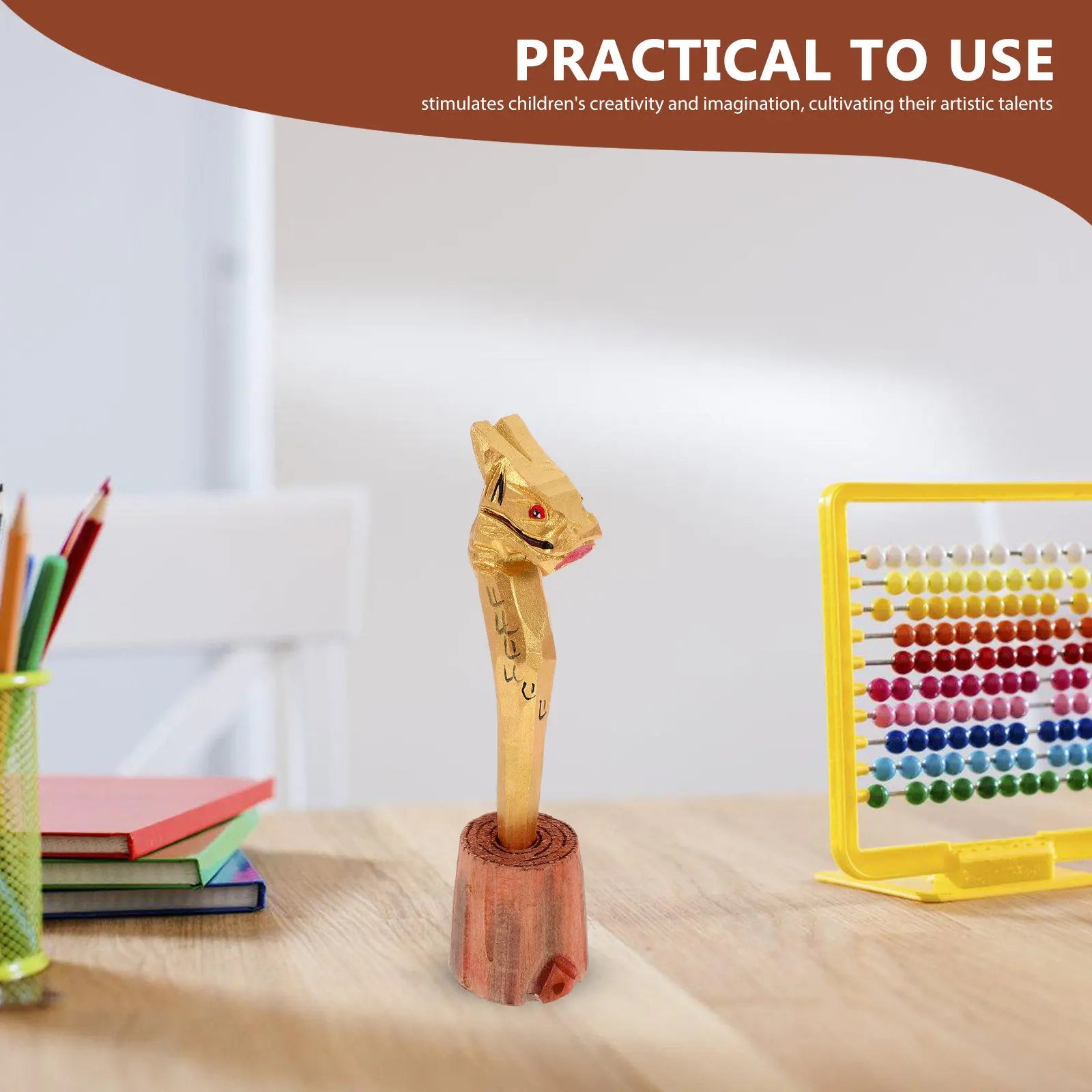 Wood Carved Animal Pen Hand Carved Dragon Design Cute Novelty Kids Pen for Writing Drawing Learning Fun Educational Tool