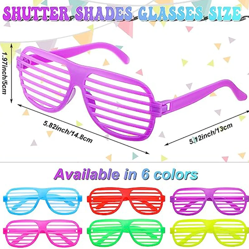 6pcs Shutter Shades Glasses Shutter Sunglasses Neon Color Shutter Eyewears for 80s 90s Retro Party Favors Disco Birthday Decor