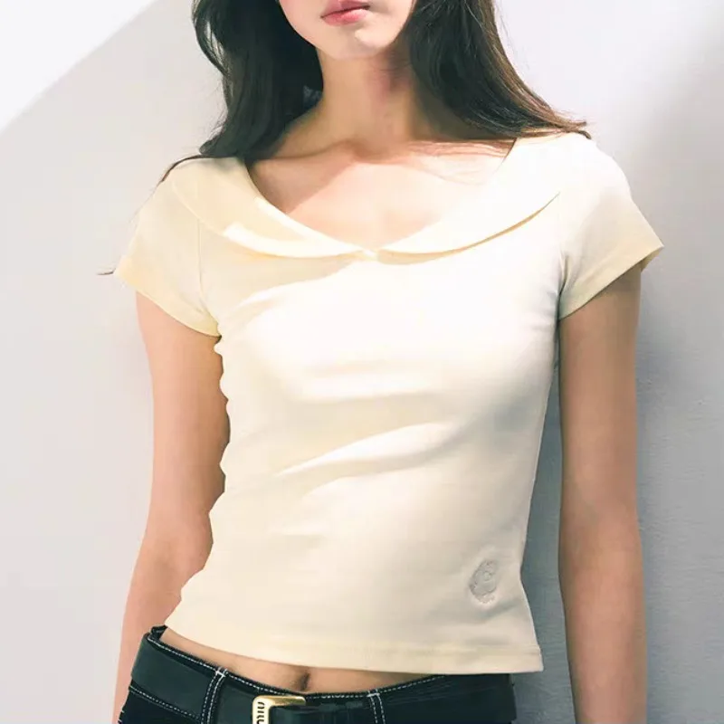 

Short-sleeved Women's T-shirt, 2025 New Style, Women's Summer Waist - Cinching and Slimming Knitted All - Match Solid Color Top