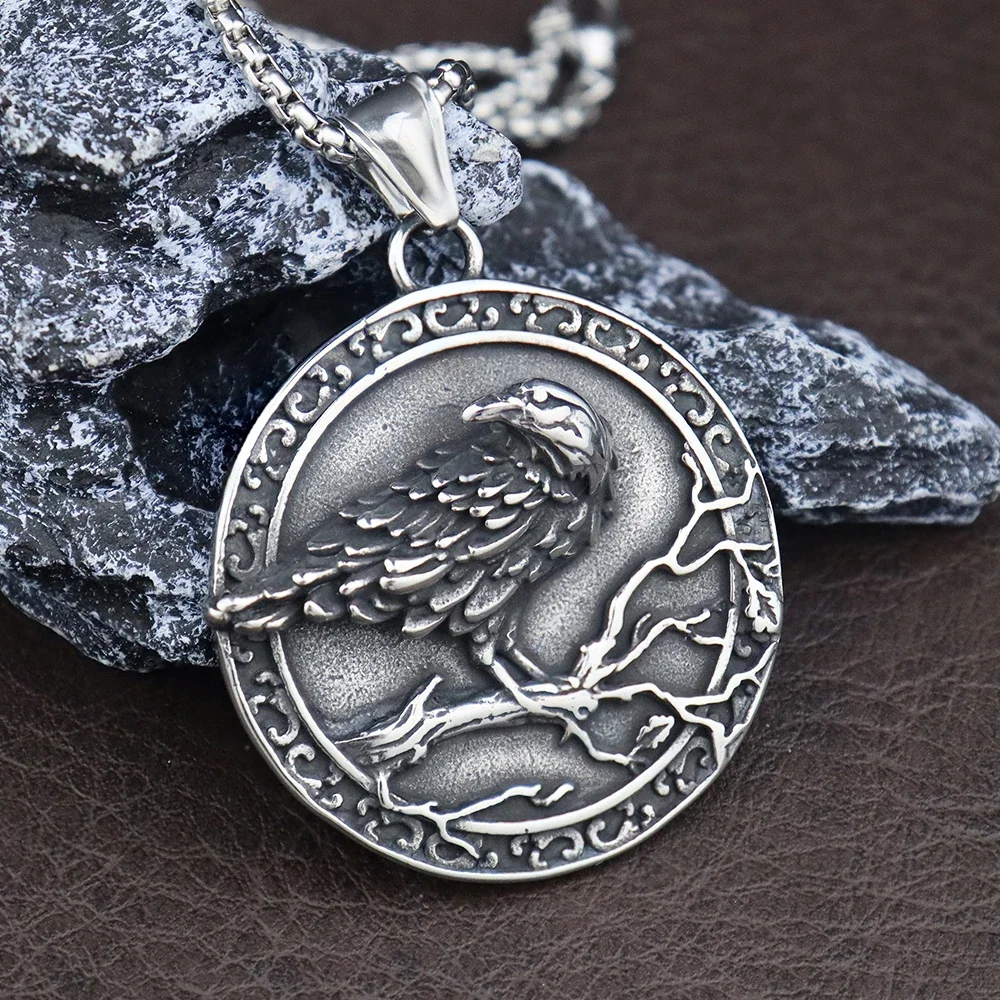 Retro Stainless Steel Viking Raven Necklace for Man Scandinavian Odin Rune Pendant Nordic Amulet Jewelry Accessorie Dropshipping