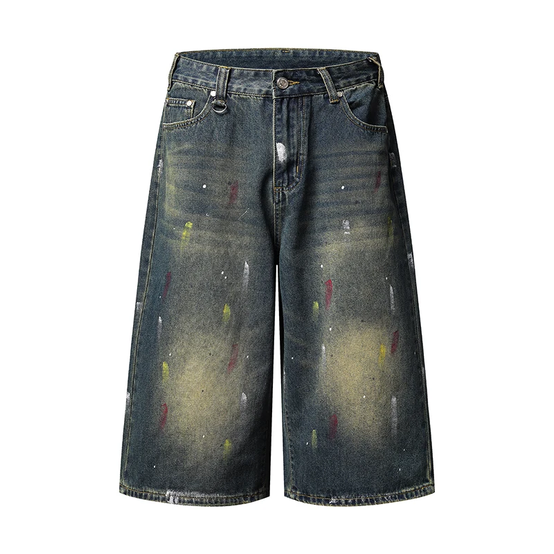 

summer brand high street men's women's straight leg loose denim cropped pants with painted graffiti print Y2K calf length pants