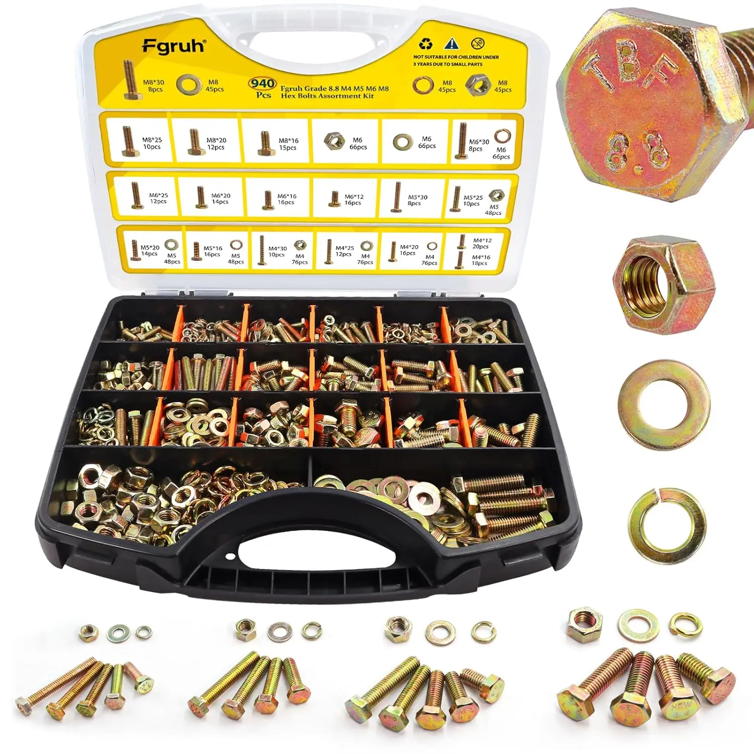 

940PCS Metric Bolt and Nut Assortment Kit, M4-M8 Heavy Duty Grade 8.8 Alloy Steel Hex Bolts Nuts Washers Set with Storage Case