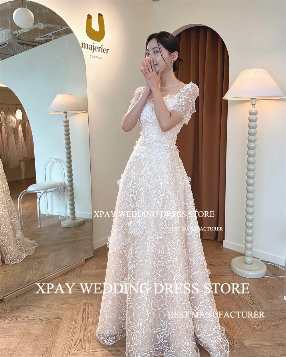 Xpay pescoço quadrado coreia vestidos de casamento elegante renda uma linha fotos de casamento sessão sem costas manga curta vestido de noiva personalizado