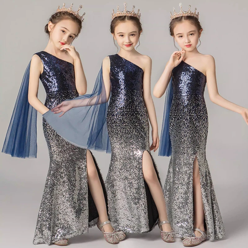 2026 Red Girls Sequin Princess Dress Kids Host  Gown Vestido Children Costumes Performance Formal Party Celebration Evening