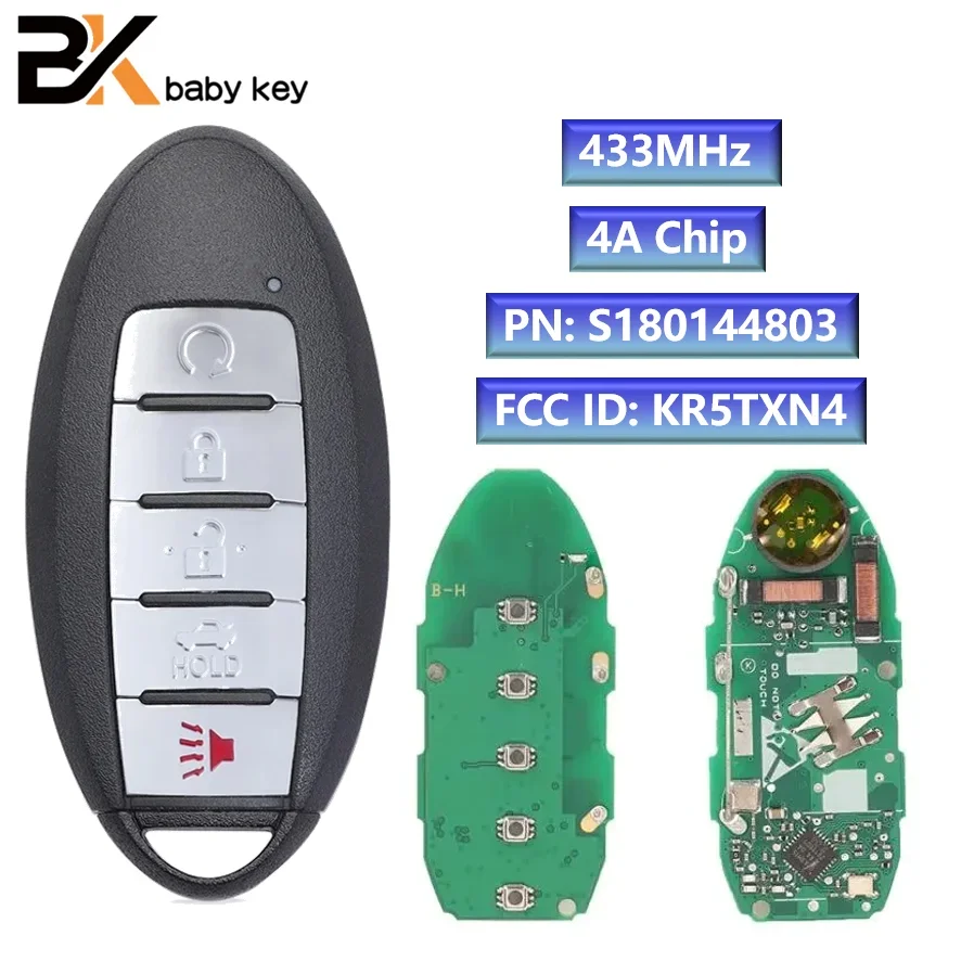 BB Key S180144803 Remote Car Key for Nissan Altima Sentra 2019 2020 433MHz 4A Chip 5 Buttons  FCC ID: KR5TXN4 Keyless Go