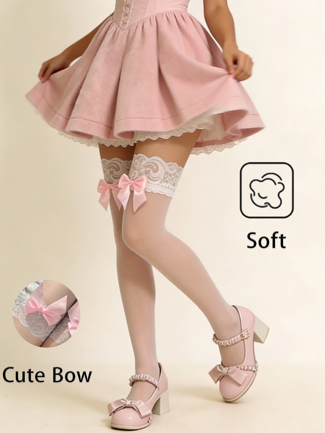 1 Paar süße, hautfarbene, transparente Overknees im Lolita-Stil mit Spitze und rosa Schleifen, weiche, hautfreundliche Strümpfe für Alltags- und Date-Outfits