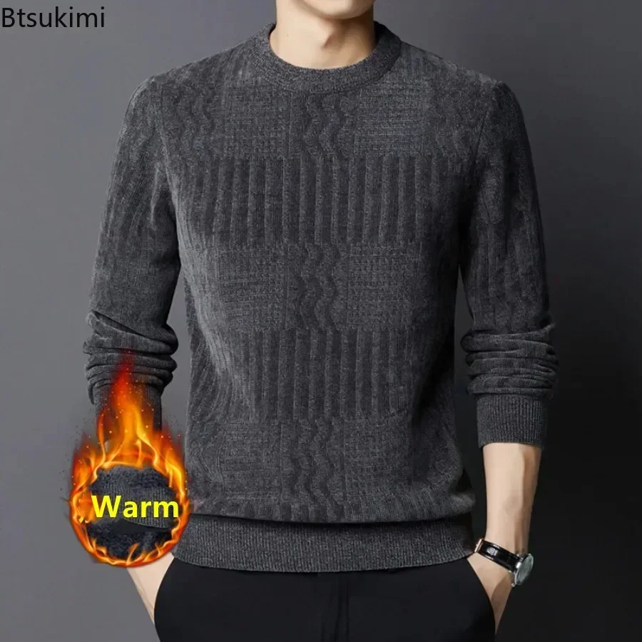 2024 Men's Casual Warm Sweater Autumn Winter Solid Plush and Thicken Pullovers Male Knitted Sweater Tops Versatile Mens Clothes