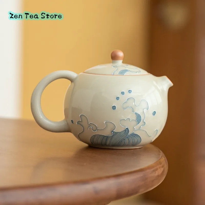 Ice Table Relief Hand-painted Waves Xishi Pot Under Glaze Color Teapot Ceramic Kung Fu Tea Set Anti-hot Tea Pot For Home Use