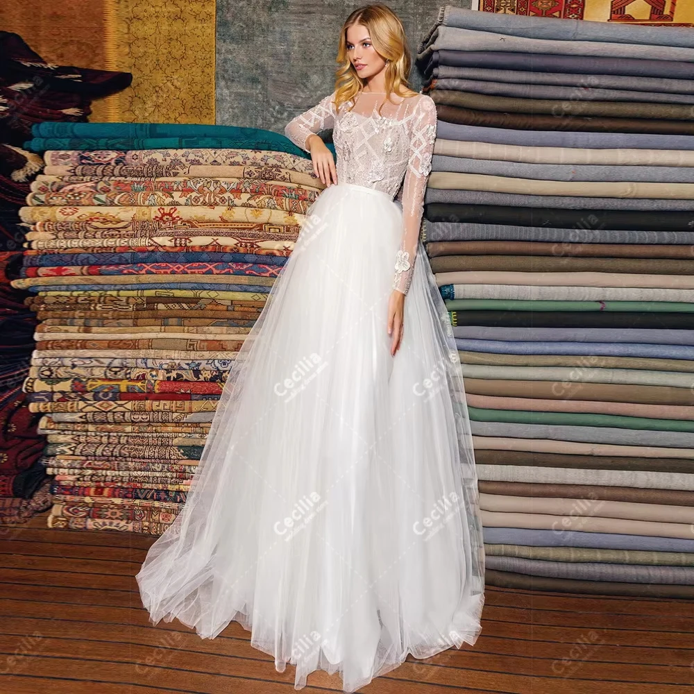 

Classic Wedding Dresses A Line Tulle Tiered Bridal Gowns Lace Appliques Full Sleeves Robes Customized Vestidos De Novia 2026
