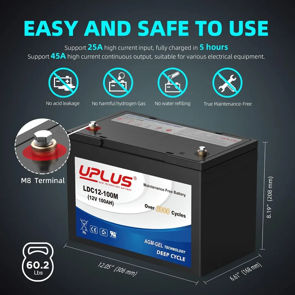12V 100Ah Deep Cycle Gel AGM Battery Group 27, Maintenance Free Rechargeable Backup for Solar RV Camping Trolling Motor, Custom