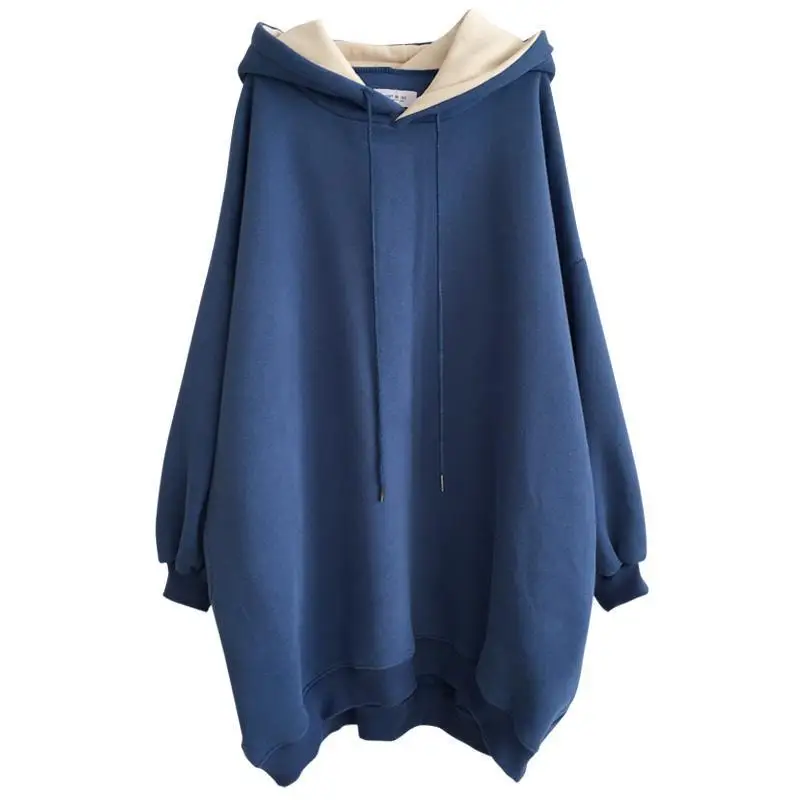 Women Hoodie Korean Style Fleece Lined Long Sleeve Thick Warm Sweatshirt Slouchy Mid Length Casual Streetwear Pullover