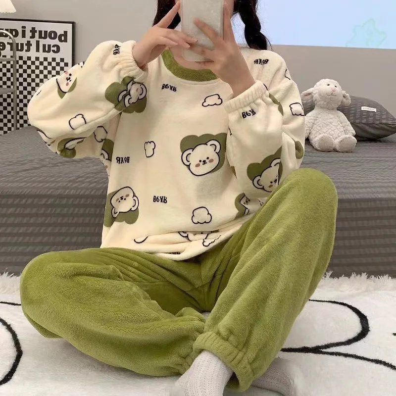 Fleece Thick Warm Women\'s Pajamas Winter Animal Prints Cute Sweet Pajamas Women Set Round Neck Pullover Flannel Warm Sleepwear