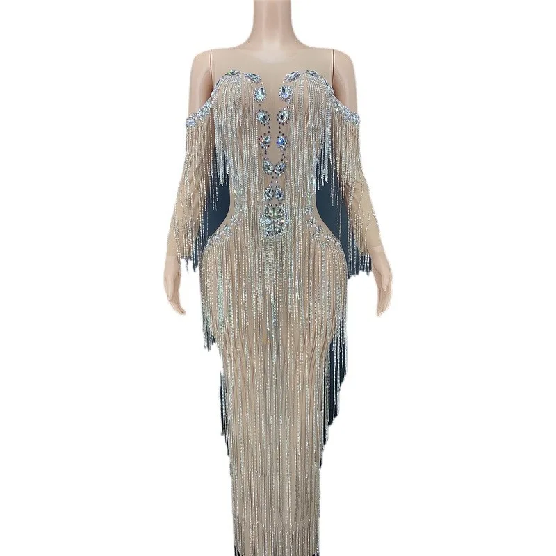 

2025 Clothing Rhinestone Tassel Handmade Evening Dress Premium Women's Elegant Long Sleeve Ball Dress Annual Meeting Long Sleeve