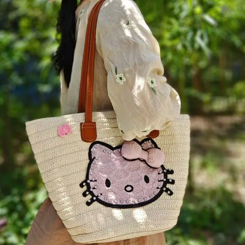 

Hello Kitty 2024 New Women's Straw Bag Fashion High Quality Girl Handheld Storage Bag Cartoon Versatile Large Capacity Beach Bag