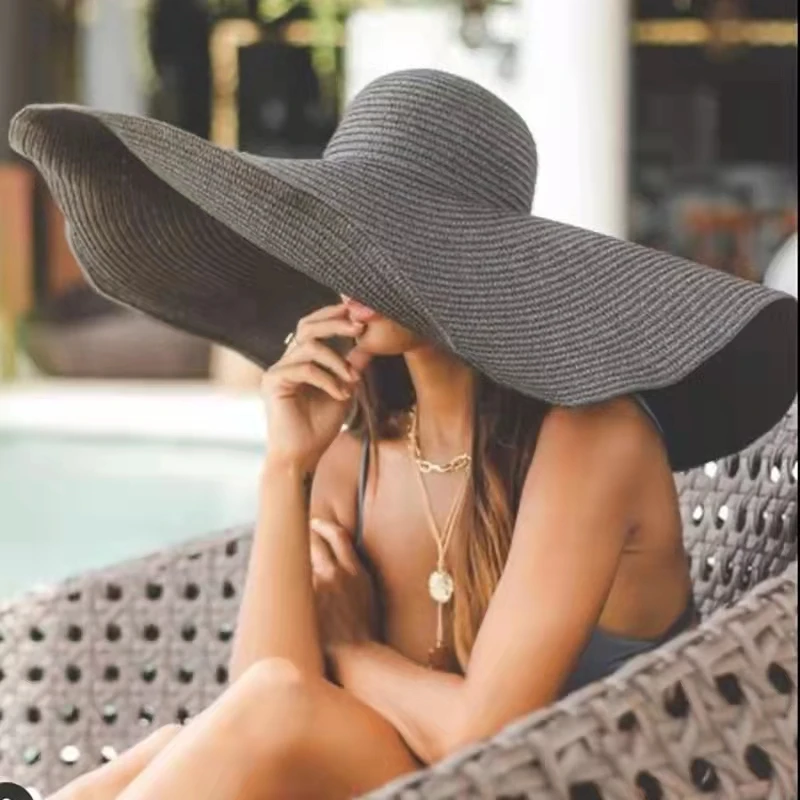 

25cm Wide Brim Foldable Sun Hat For Women Oversized Beach Hat Summer Seaside Vacation UV Protection Straw Hat Wholesale