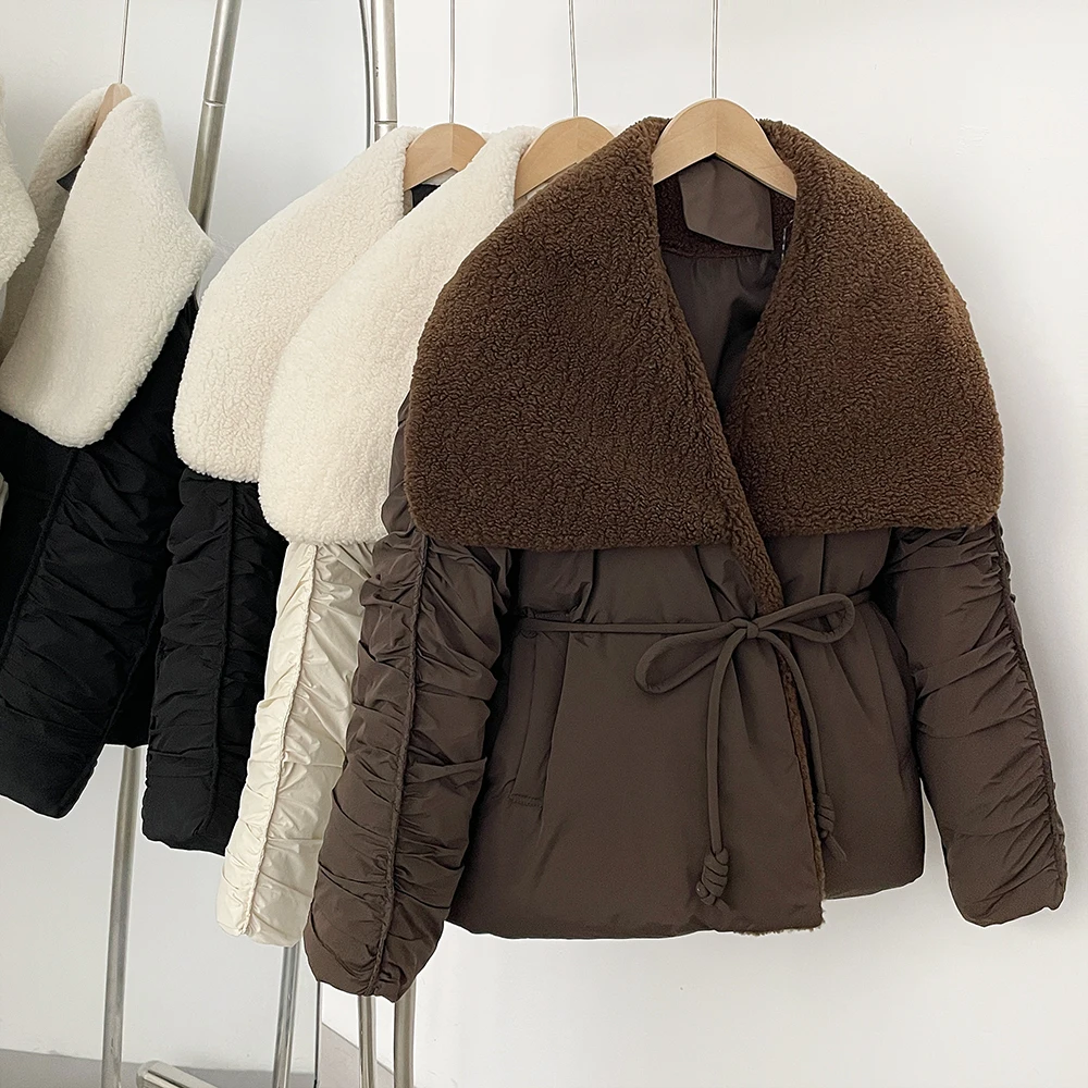 

Duck Down Coats for Women Long Sleeve Down Jacket Hit Color Patchwork Sashes Casual Lapel Fashion Puffer Jackets Female New