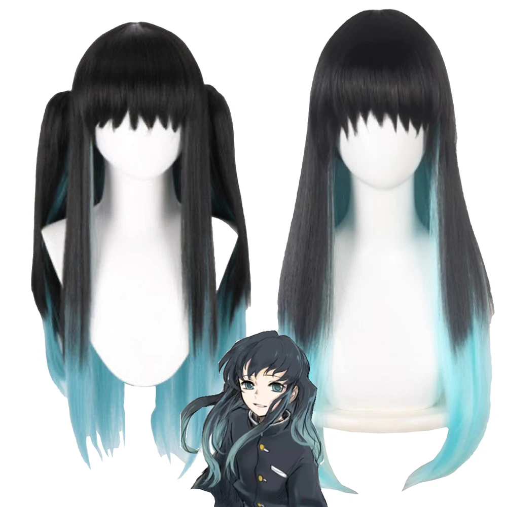 Kostum Anime Demon Slayer: Kimetsu No Yaiba, Rambut Lurus Panjang 32 Inci dengan Wig Halloween Gradasi Hitam dan Biru