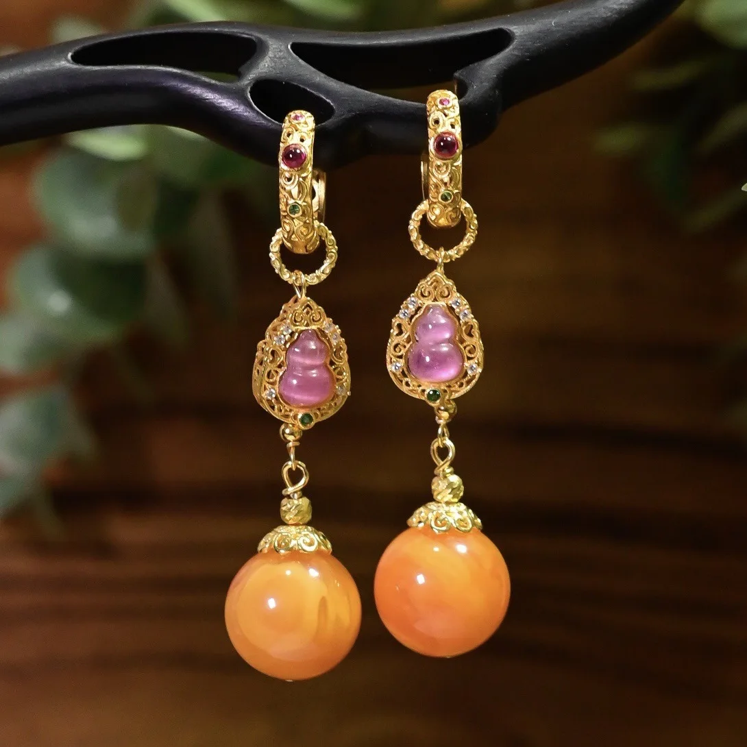 

Серьги из серебра 925 пробы с натуральным антикварным пчелиным воском, розовый турмалин с позолотой, ювелирные изделия в винтажном стиле, подарок