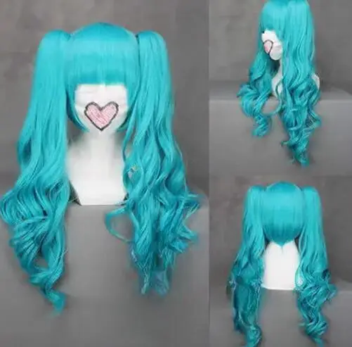 Vocaloid Miku Long Blue Green Wavy Anime Cosplay Party Wig+2Clip On Ponytail