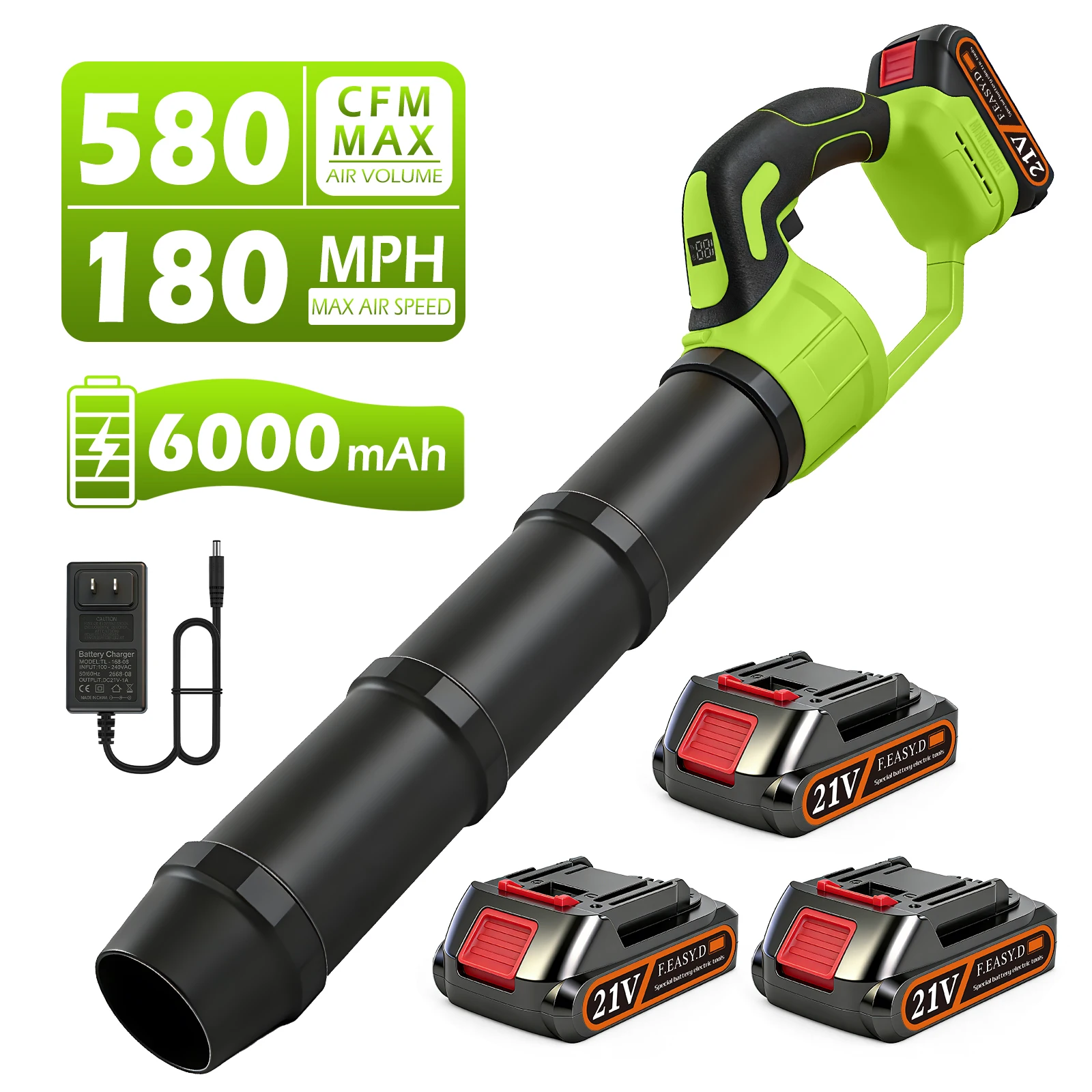 580CFM Cordless Leaf Blower Handheld 180MPH 30000 RPM Electric 3x 21V Batteries Charger for Snow Blowing Leaf Blowing Patio
