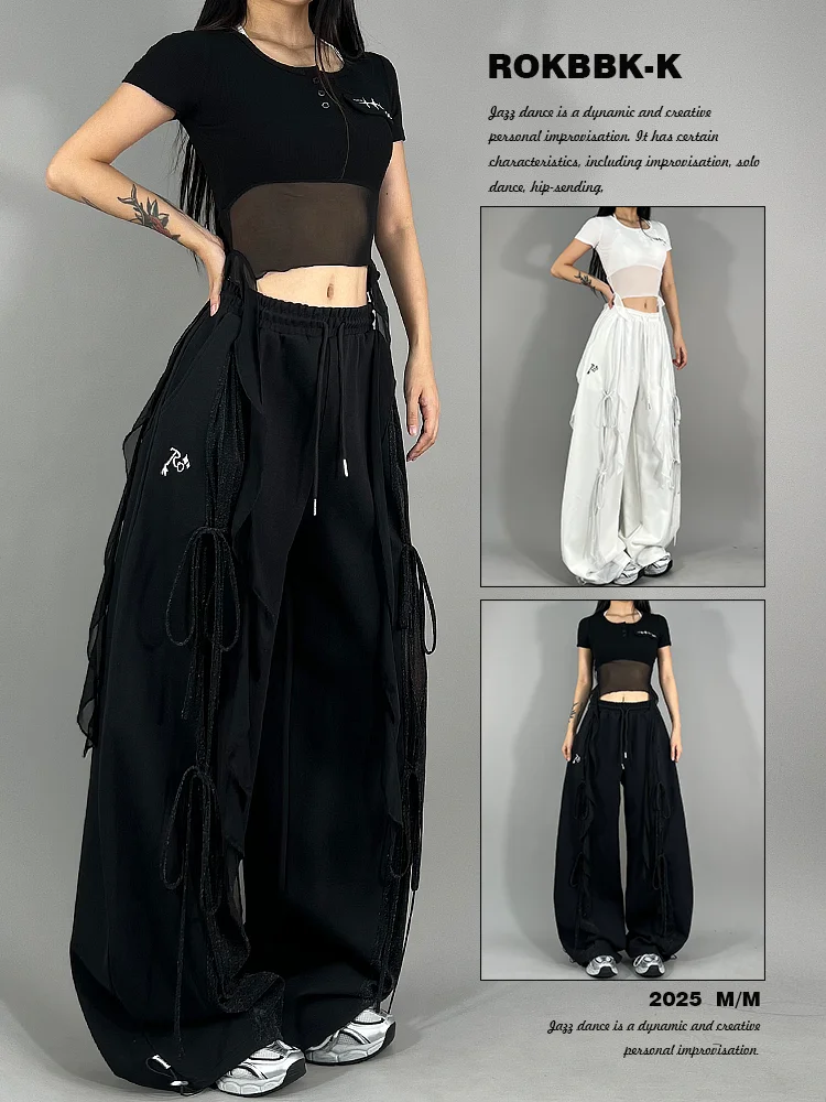 ROKBBKK Street Dance Jazz Sle Women's Casual Pants Silver Sequin Splicing Design Trendy Brand l Waist Straight Leg