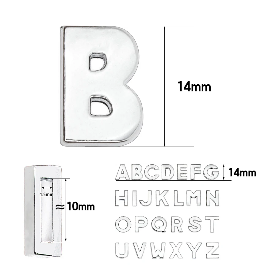 1300pc/lot Hole 10mm A - Z smooth chrome slide letter diy alphabet charm fit for 10mm keychains pet collars