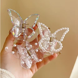 Pinza de mariposa con perlas transparentes para mujer y niña, pinzas para el pelo de cangrejo, horquilla acrílica, pasadores, accesorios para el cabello