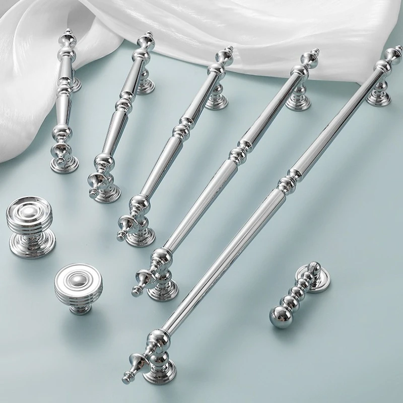French Chromeplate Solid Brass Kitchen Cabinet Knobs and Handles Luxury Bright Silver Handle for Furniture Dresser Drawer Handle