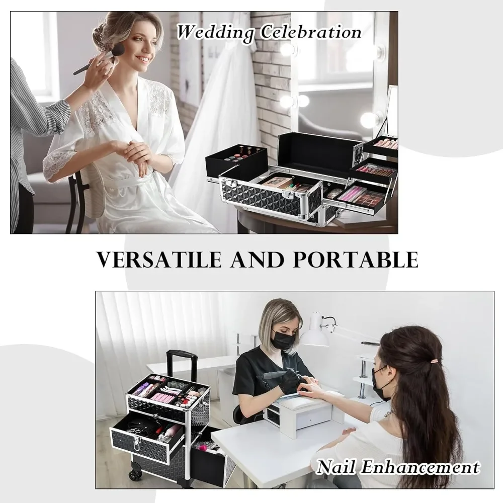 Rolling Makeup Case With Wheels & Drawers Large Professional Cosmetology Trolley Case Lockable Travel Cosmetic Storage Organizer