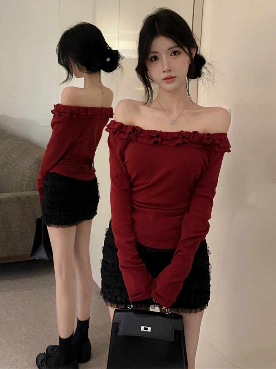 Sexy Unique 3D Flower Lace Design One Shoulder White Enhancing Base Top Polyester Long Sleeve High Waist Breathable Comfortable