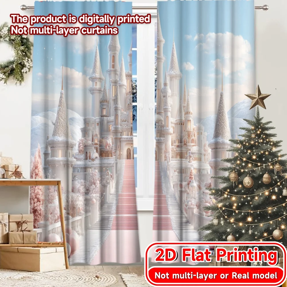 2D FLAT PRINTING 2pcs Curtains (Without Rod) Fairytale Castle Scene Ramadan Festival Chic Print Curtains Versatile Polyester