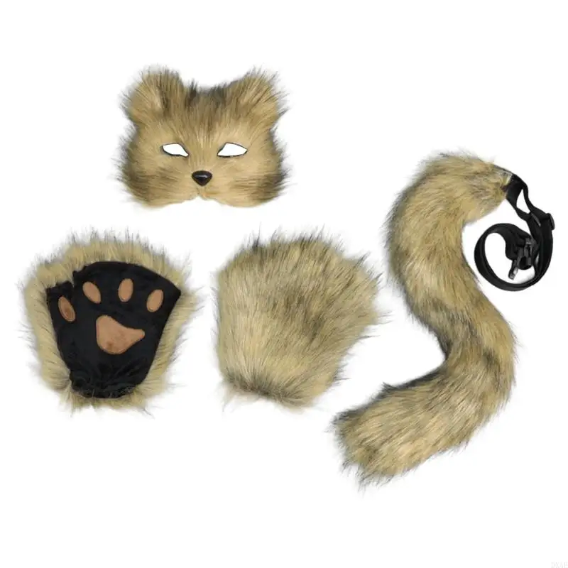 Dxae Foxes Costume Set Pluszowa maska, ogon i rękawiczki, Halloweenowe koty Wolf Cosplay Cosplay Foje Fancy Dress Up Costume