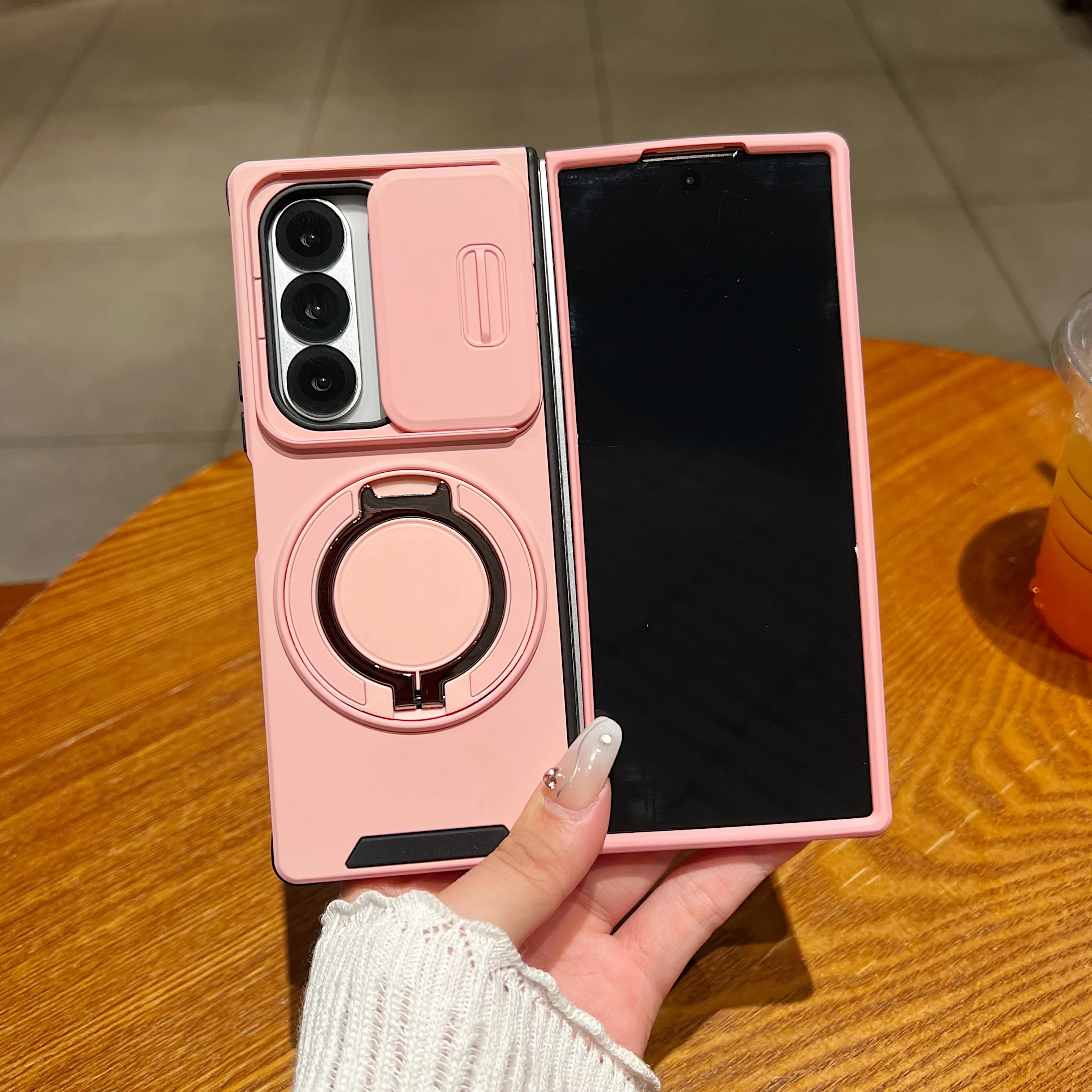 Phone case for Samsung Z Fold 6/7, rotating stand, lens sliding window, all-around drop protection