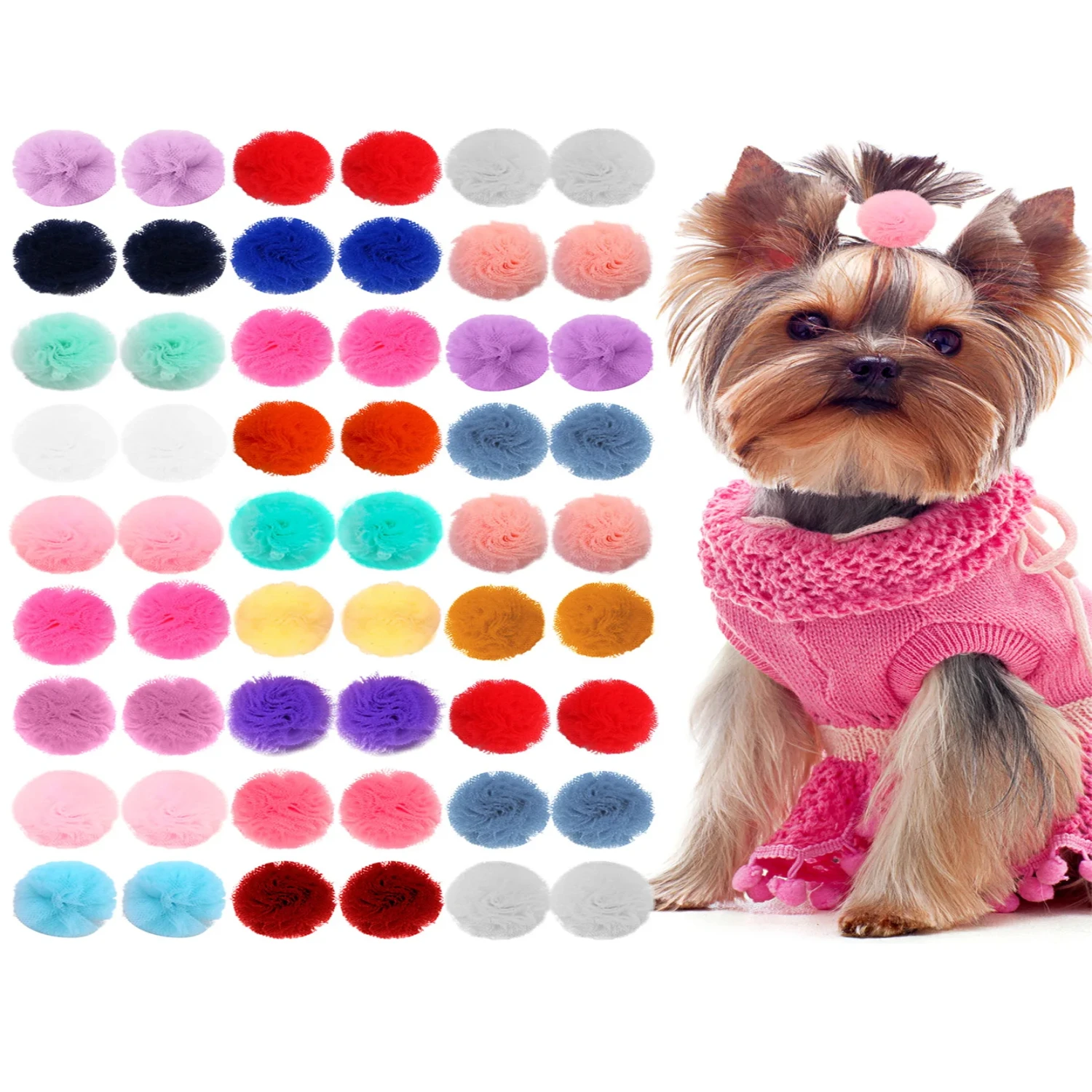 

40PCS Pet Dog Hair Accessories Samll dog Puppy Cat Hair Bows Round Lace Bows rubber bands Pet Grooming products 2CM