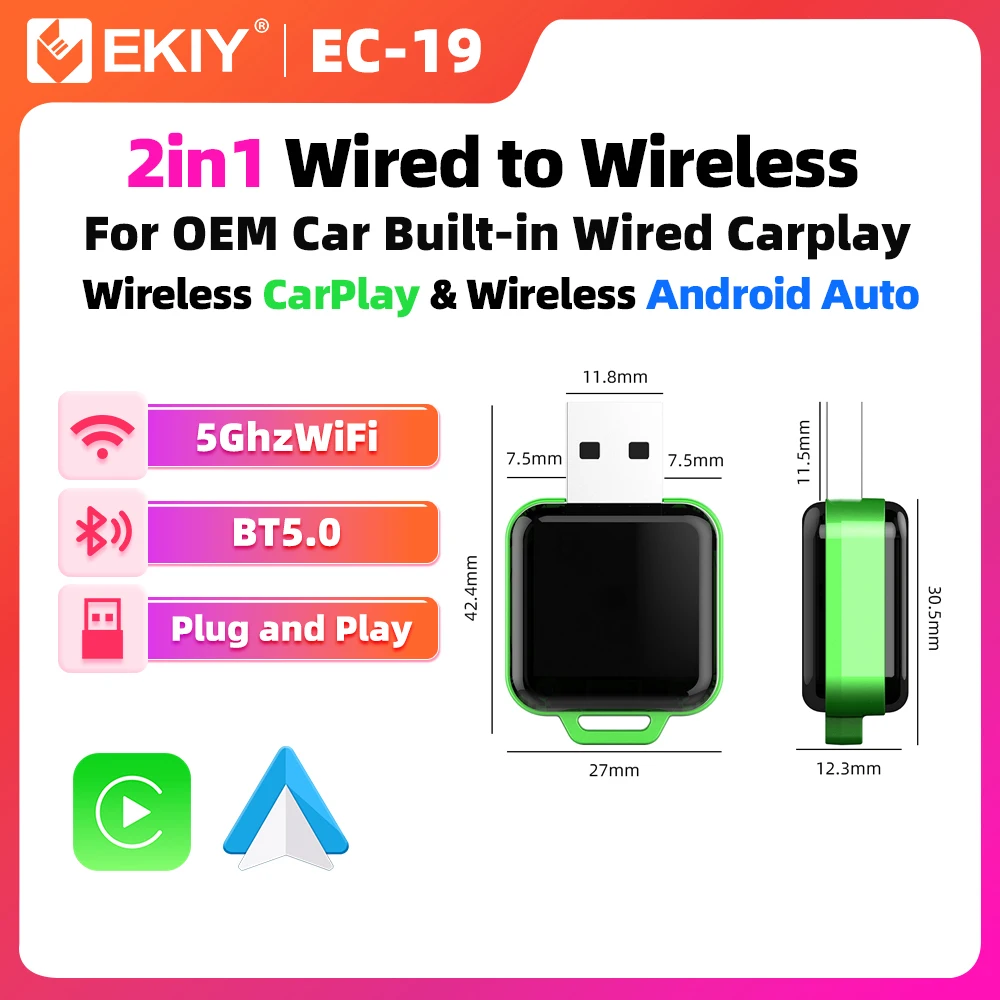 EKIY 2in1 Wireless CarPlay Dongle Wireless Android Auto Adapter AI TV Box Car Intelligent Systems For Car With Wired CarPlay