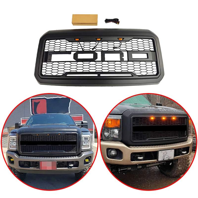 

For Ford F250 F350 2011 2012 2013 2014 2015 2016 High Quality ABS Raptor Style Car Front Grille Body Kit With LED Light Black