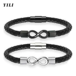 Gepersonaliseerde Dubbele Naam Infinity Lederen Armband Bijpassende Paar Armband Op Maat Naam Rvs Gevlochten Manchet Armbanden