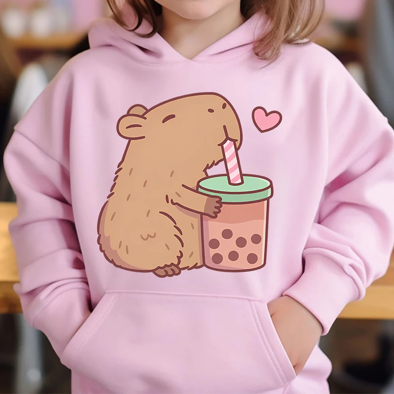 Schattige Capibara Houdt Van Bubble Tea Kids Hoodie Roze Plus Fluwelen Trui Herfst En Winter Tops Voor Meisjes